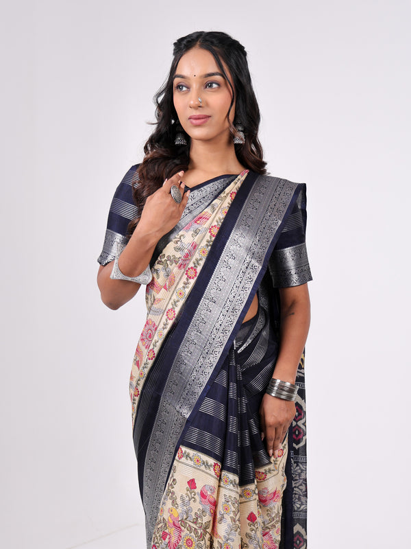 Tusser Georgette With Weaving Jari Pattern With Centre Print