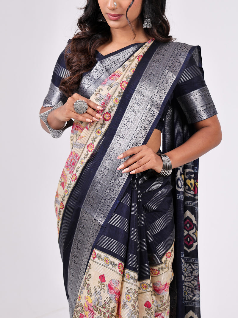Tusser Georgette With Weaving Jari Pattern With Centre Print