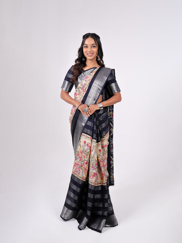 Tusser Georgette With Weaving Jari Pattern With Centre Print