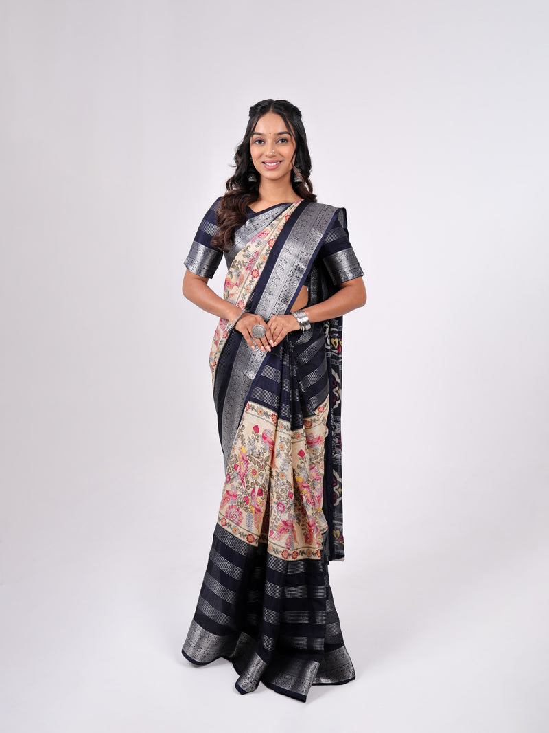 Tusser Georgette With Weaving Jari Pattern With Centre Print